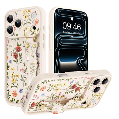 Compatible with iPhone 17 Pro Max Case with Wrist Strap, Cute Floral Flower Pattern, Soft TPU Phone Cover, Adjustable Wristband Kickstand Shockproof Protective Case for Girl Women, Pink