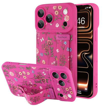 Compatible with iPhone 17 Pro Max Case with Wrist Strap, Cute Floral Flower Pattern, Soft TPU Phone Cover, Adjustable Wristband Kickstand Shockproof Protective Case for Girl Women, Pink