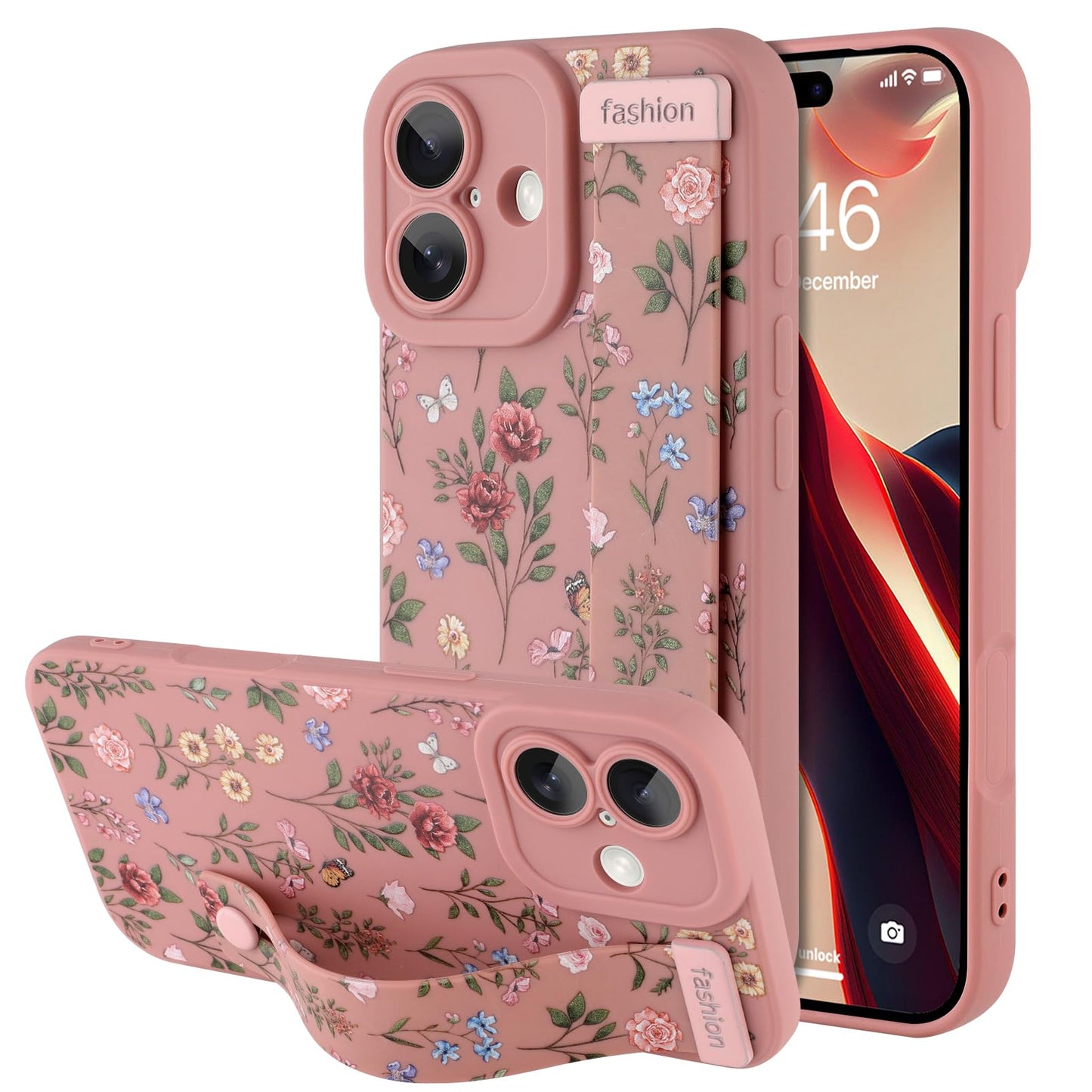 Compatible with iPhone 17 Pro Max Case with Wrist Strap, Cute Floral Flower Pattern, Soft TPU Phone Cover, Adjustable Wristband Kickstand Shockproof Protective Case for Girl Women, Pink