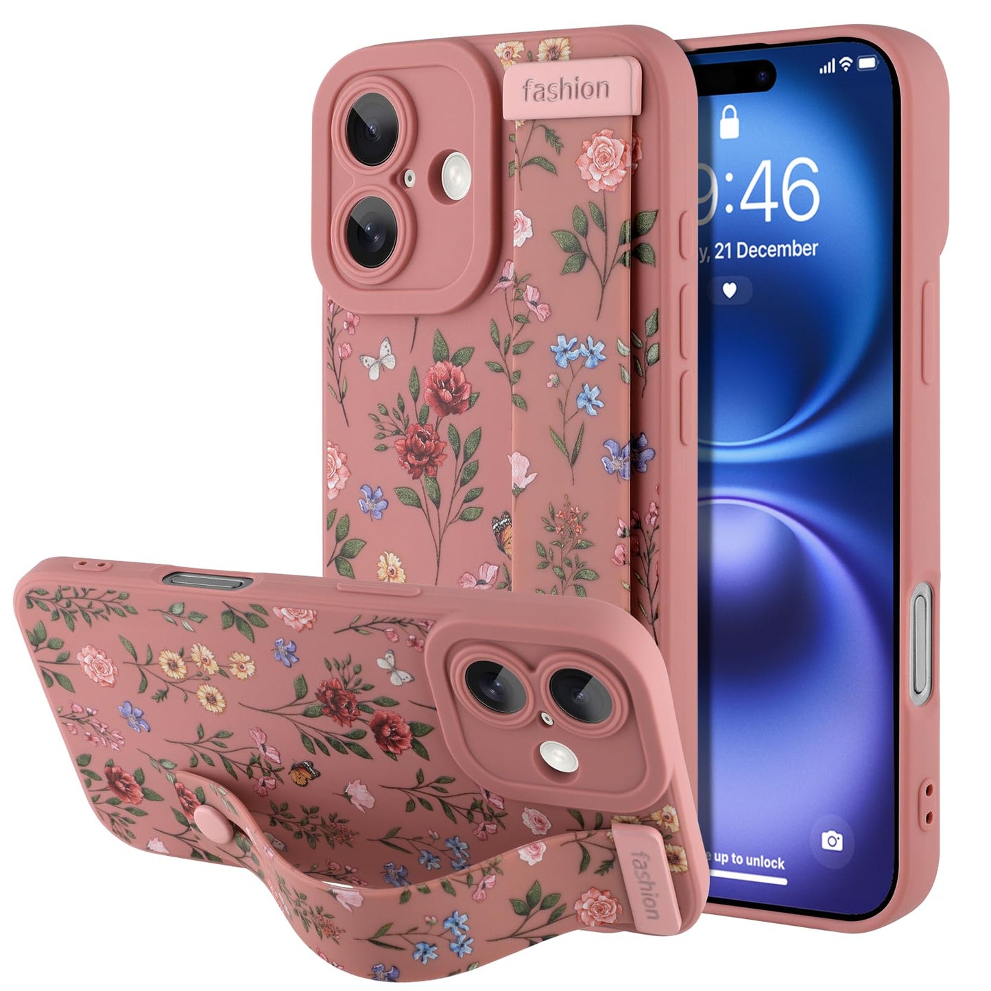 Compatible with iPhone 17 Pro Max Case with Wrist Strap, Cute Floral Flower Pattern, Soft TPU Phone Cover, Adjustable Wristband Kickstand Shockproof Protective Case for Girl Women, Pink