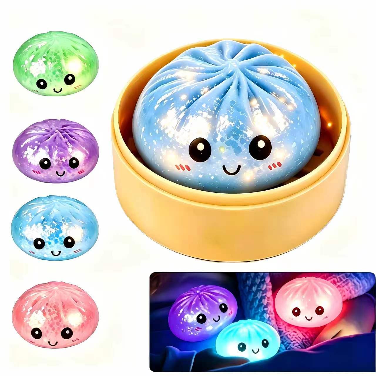 Dumpling Glowing Mystery Box,Dumplings Squishy，Sensory Stress Ball Squeeze Toys for Stress Relief ，Soft Squeeze Decompression Dumplings Stress Balls，Steamer Stretchy Desk Toys (Purple)