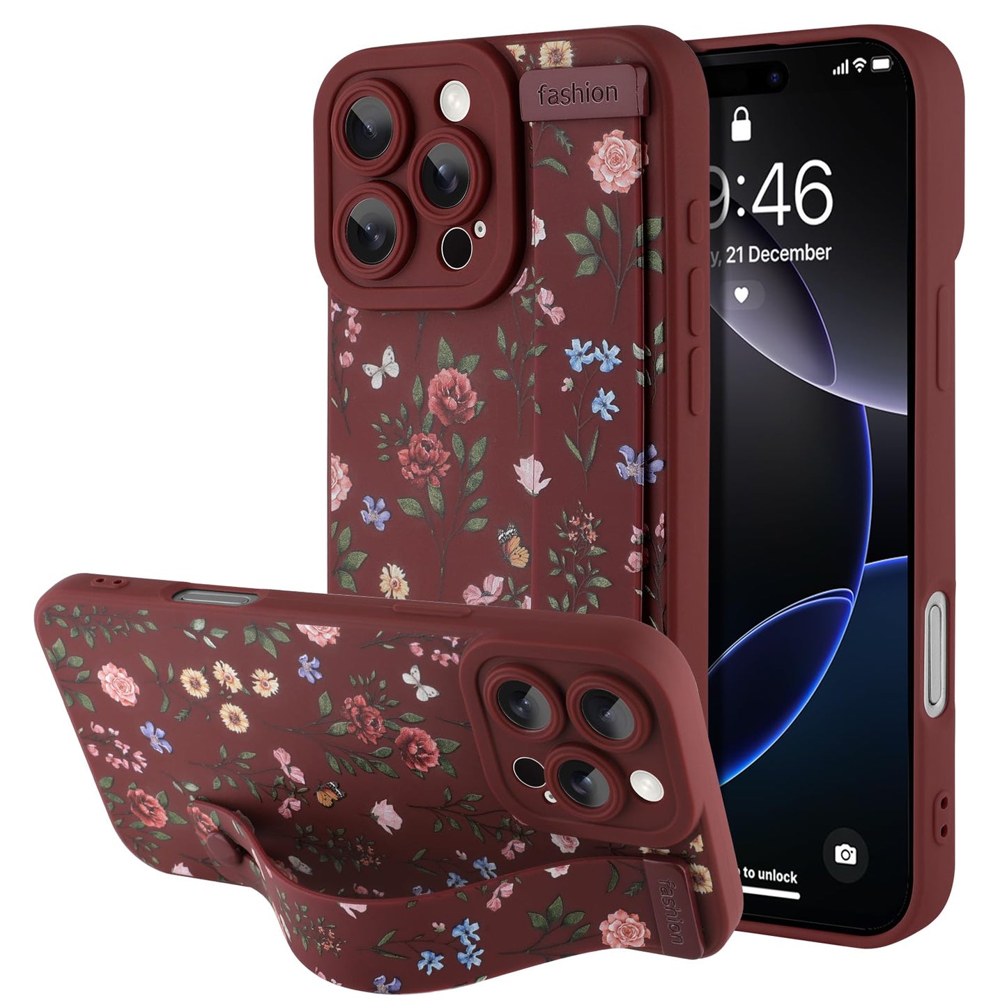 Compatible with iPhone 17 Pro Max Case with Wrist Strap, Cute Floral Flower Pattern, Soft TPU Phone Cover, Adjustable Wristband Kickstand Shockproof Protective Case for Girl Women, Pink