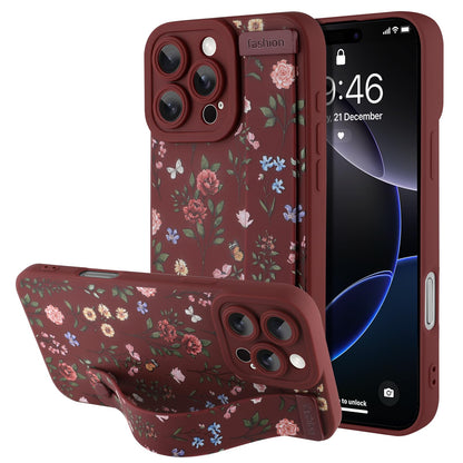 Compatible with iPhone 17 Pro Max Case with Wrist Strap, Cute Floral Flower Pattern, Soft TPU Phone Cover, Adjustable Wristband Kickstand Shockproof Protective Case for Girl Women, Pink