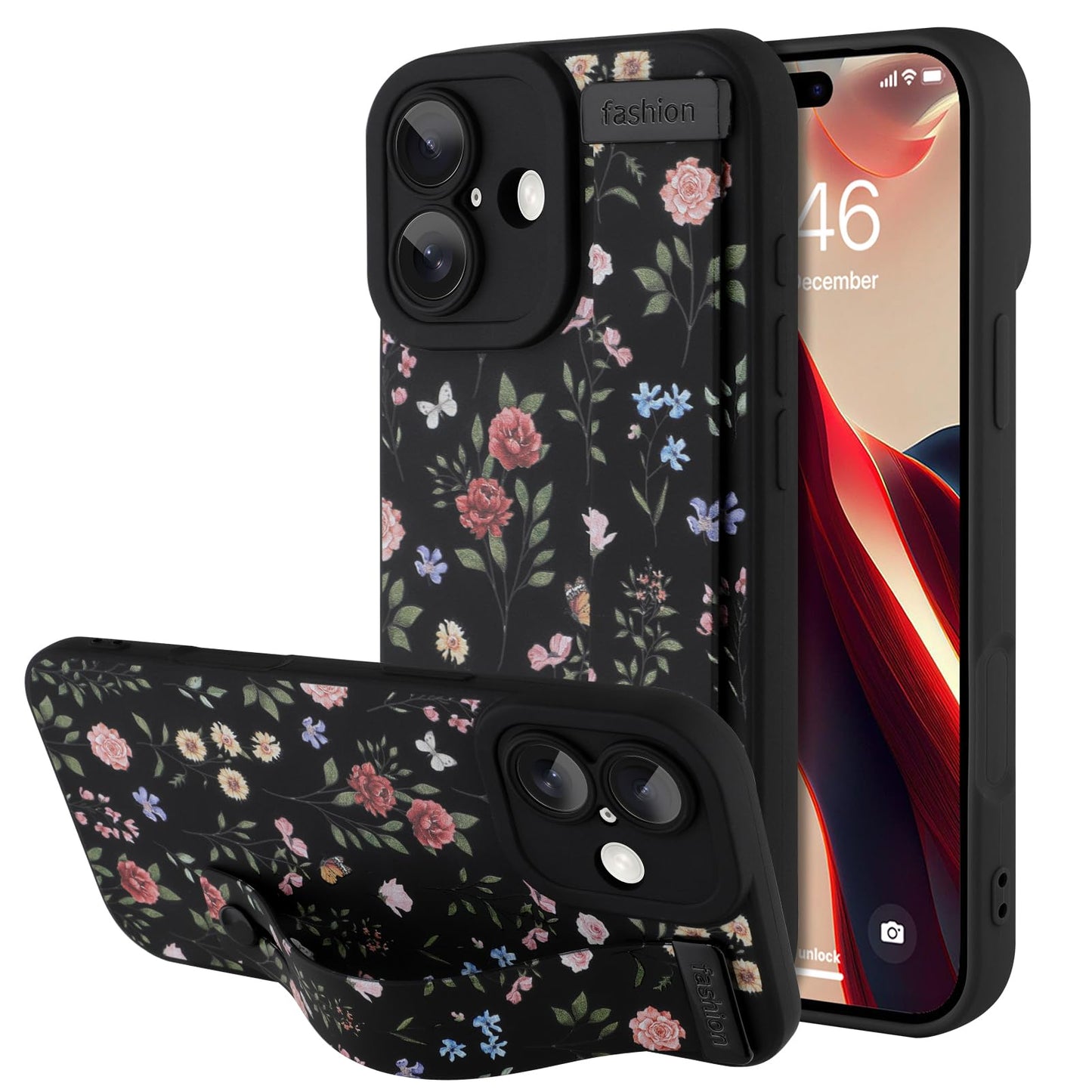 Compatible with iPhone 17 Pro Max Case with Wrist Strap, Cute Floral Flower Pattern, Soft TPU Phone Cover, Adjustable Wristband Kickstand Shockproof Protective Case for Girl Women, Pink