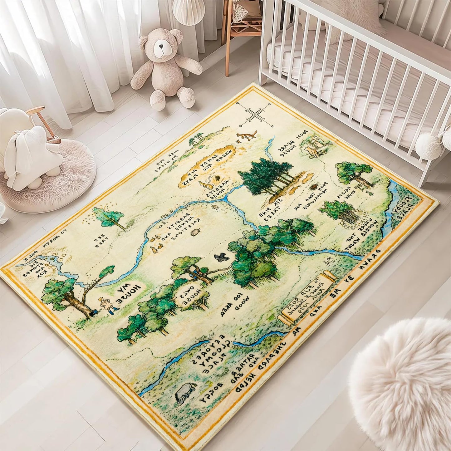 Estmy 3x5 Vintage Woodland Area Rug, Cute Fun Nursery Rugs for Girls Boys Neutral, Thin Pile Faux Wool Soft Stain Resistant Hundred Acre Wood Map Rug, Cartoon Retro Kids Play Rug Infant Playmat
