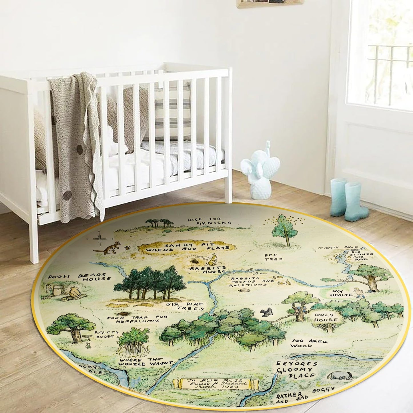 Estmy 3x5 Vintage Woodland Area Rug, Cute Fun Nursery Rugs for Girls Boys Neutral, Thin Pile Faux Wool Soft Stain Resistant Hundred Acre Wood Map Rug, Cartoon Retro Kids Play Rug Infant Playmat