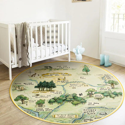 Estmy 3x5 Vintage Woodland Area Rug, Cute Fun Nursery Rugs for Girls Boys Neutral, Thin Pile Faux Wool Soft Stain Resistant Hundred Acre Wood Map Rug, Cartoon Retro Kids Play Rug Infant Playmat