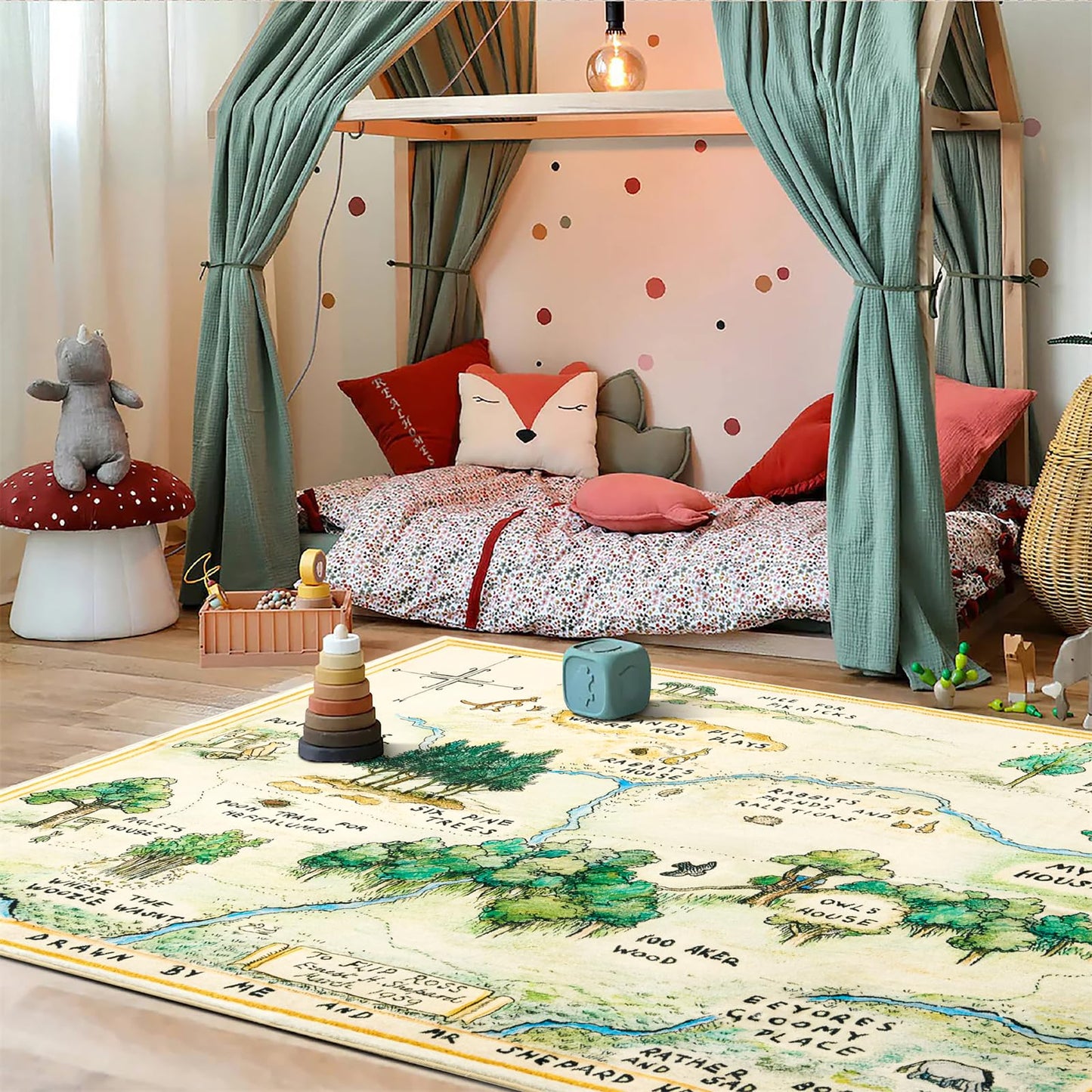 Estmy 3x5 Vintage Woodland Area Rug, Cute Fun Nursery Rugs for Girls Boys Neutral, Thin Pile Faux Wool Soft Stain Resistant Hundred Acre Wood Map Rug, Cartoon Retro Kids Play Rug Infant Playmat