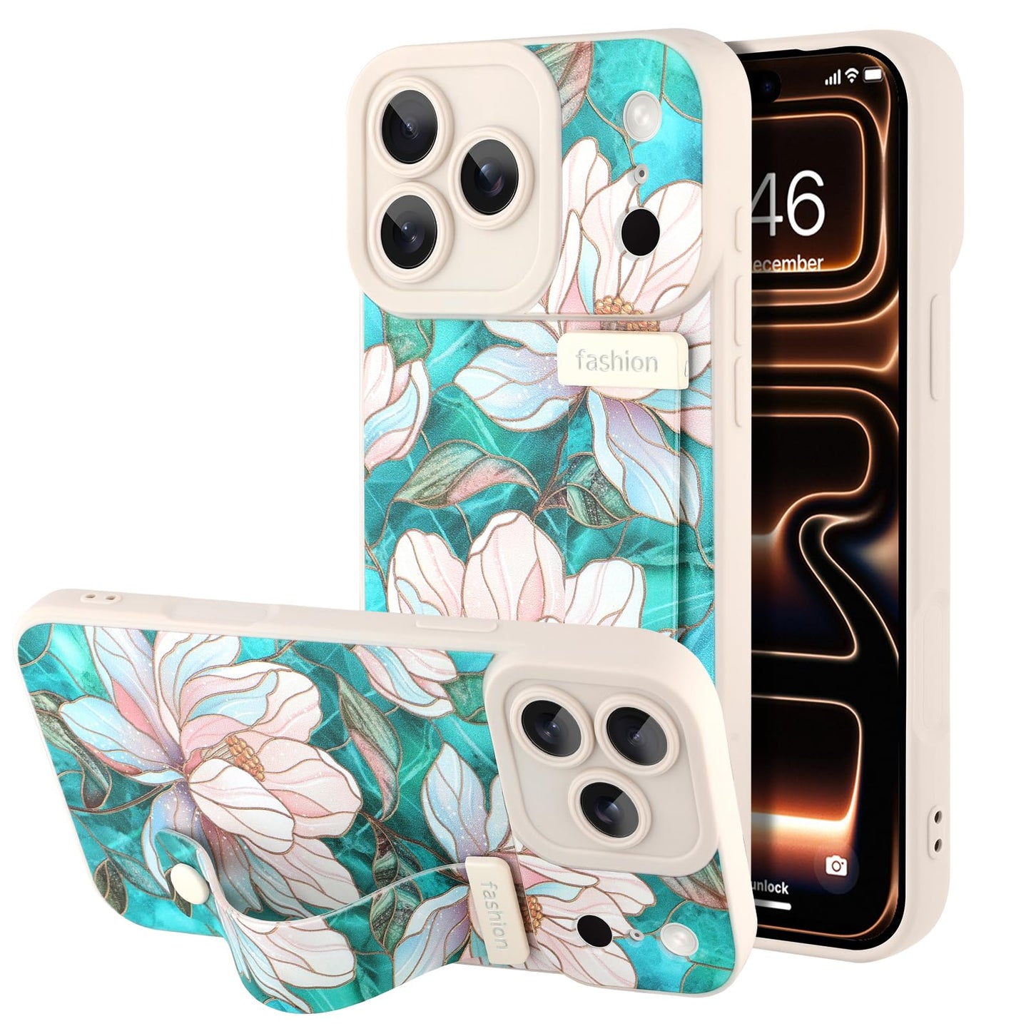 Compatible with iPhone 17 Pro Max Case with Wrist Strap, Cute Floral Flower Pattern, Soft TPU Phone Cover, Adjustable Wristband Kickstand Shockproof Protective Case for Girl Women, Pink