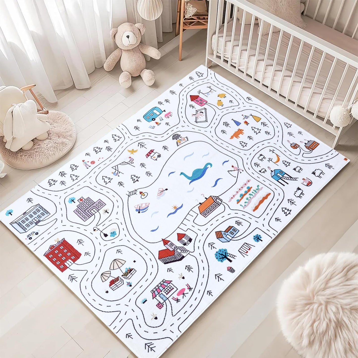 Estmy 3x5 Vintage Woodland Area Rug, Cute Fun Nursery Rugs for Girls Boys Neutral, Thin Pile Faux Wool Soft Stain Resistant Hundred Acre Wood Map Rug, Cartoon Retro Kids Play Rug Infant Playmat