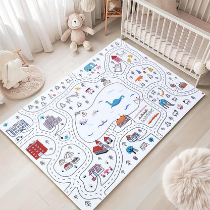 Estmy 3x5 Vintage Woodland Area Rug, Cute Fun Nursery Rugs for Girls Boys Neutral, Thin Pile Faux Wool Soft Stain Resistant Hundred Acre Wood Map Rug, Cartoon Retro Kids Play Rug Infant Playmat