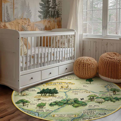 Estmy 3x5 Vintage Woodland Area Rug, Cute Fun Nursery Rugs for Girls Boys Neutral, Thin Pile Faux Wool Soft Stain Resistant Hundred Acre Wood Map Rug, Cartoon Retro Kids Play Rug Infant Playmat