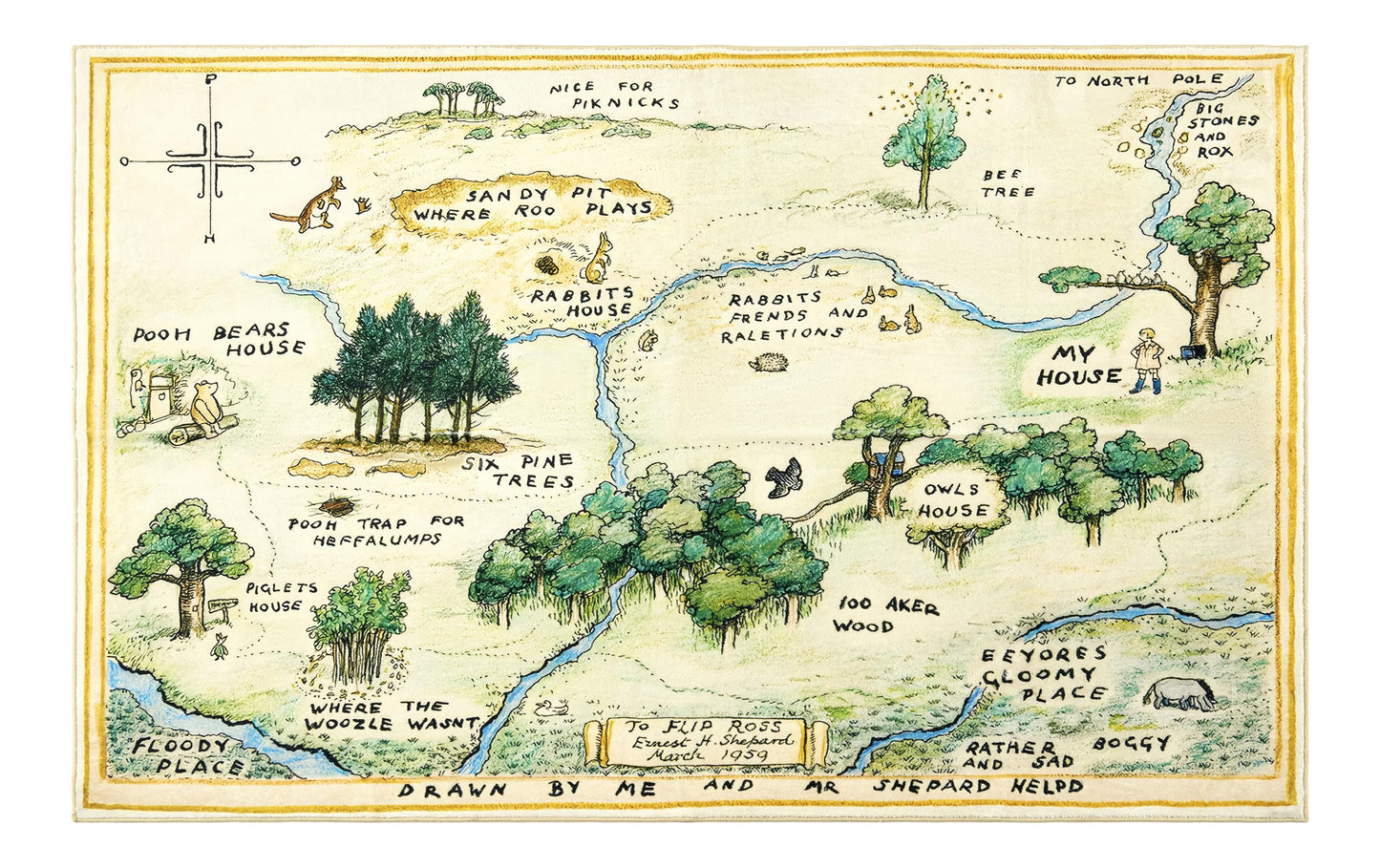 Estmy 3x5 Vintage Woodland Area Rug, Cute Fun Nursery Rugs for Girls Boys Neutral, Thin Pile Faux Wool Soft Stain Resistant Hundred Acre Wood Map Rug, Cartoon Retro Kids Play Rug Infant Playmat