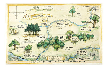Estmy 3x5 Vintage Woodland Area Rug, Cute Fun Nursery Rugs for Girls Boys Neutral, Thin Pile Faux Wool Soft Stain Resistant Hundred Acre Wood Map Rug, Cartoon Retro Kids Play Rug Infant Playmat